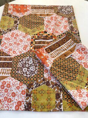 Pair of vintage 70s curtains, faux patchwork pattern, brown, orange and yellow